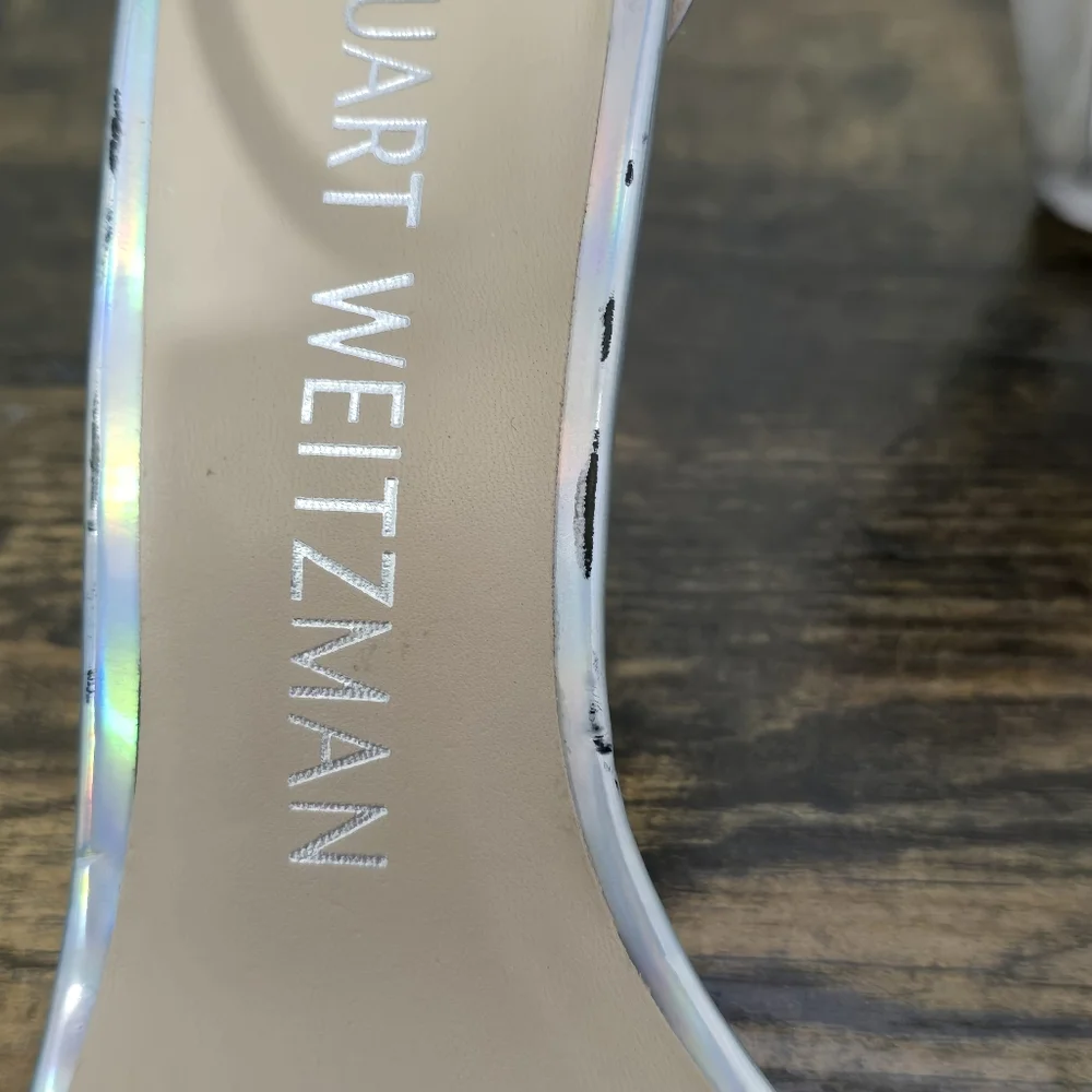 Stuart Weitzman Silver Nudist Lucite Iridescent Clear Wedge Sandal Size 7 - Picture 14 of 15